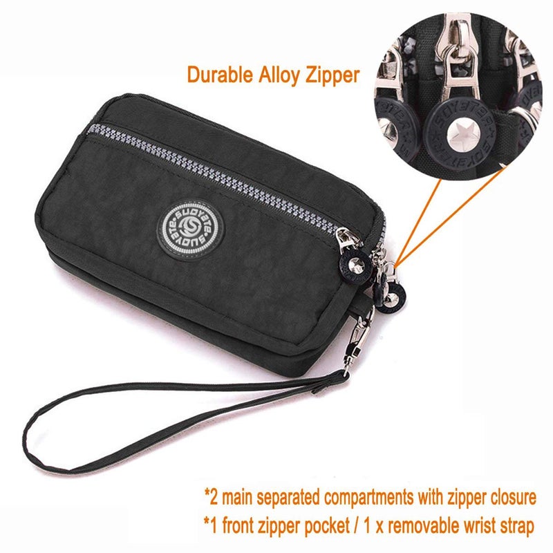 LassZone Womens Nylon Phone Purse Three Zipper Long Clutch Wallet Purse Smartphone Wristlet Wallet for Cellphone Card Coin - Image 3